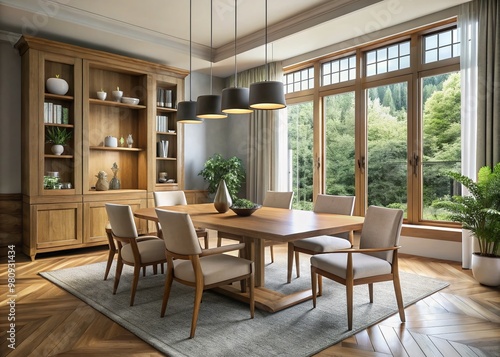 Modern dining room with sleek wooden table, chairs, and matching hutch, surrounded by neutral walls and large windows,