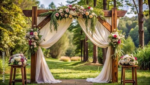 A rustic outdoor setting takes on a whimsical touch with a charming wedding arch bedecked with wooden beams,
