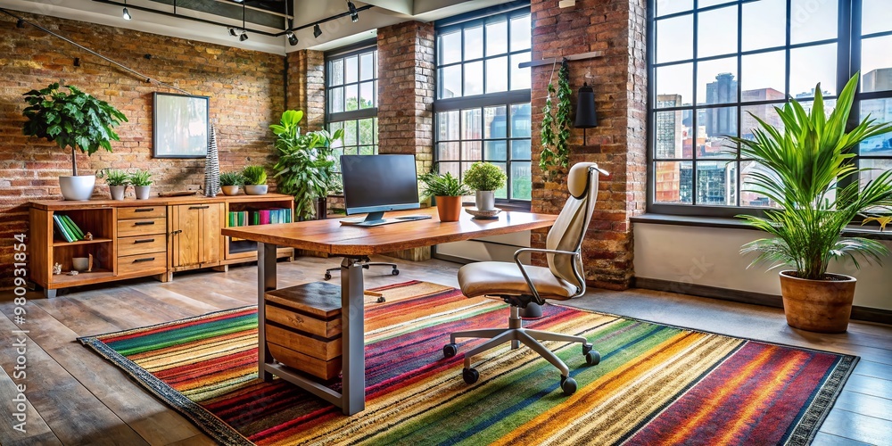 Modern ergonomic chair, eclectic rug, and reclaimed wood desk create a vibrant, adventurous atmosphere in an open-plan Modern ergonomic chair, eclectic rug, and reclaimed wood desk create a vibrant, adventurous atmosphere in an open-plan