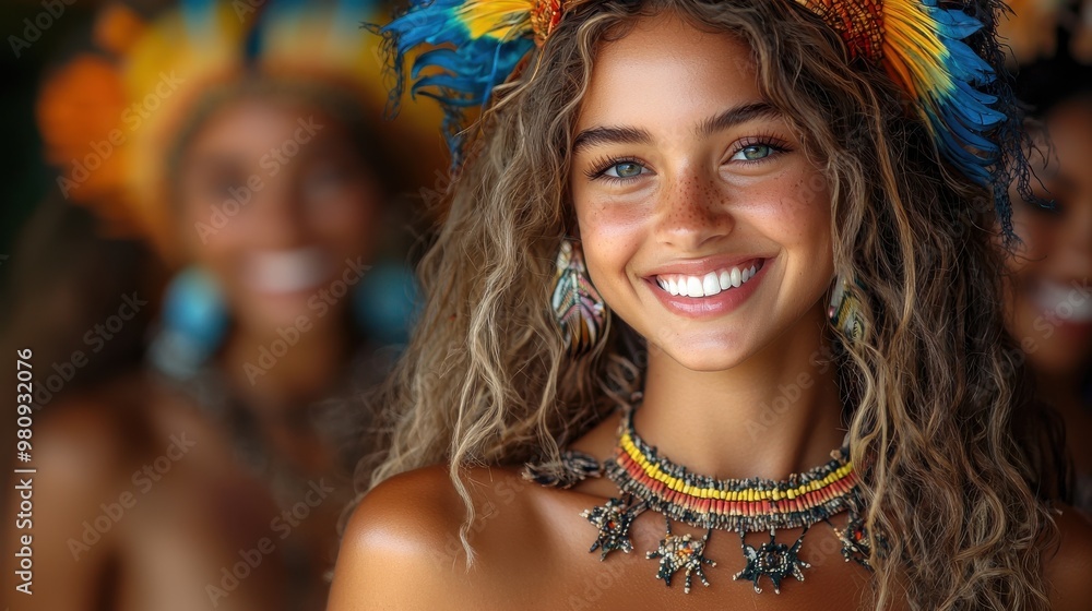 Obraz premium A joyful young woman in traditional attire smiles brightly at a cultural celebration in a vibrant setting during daytime