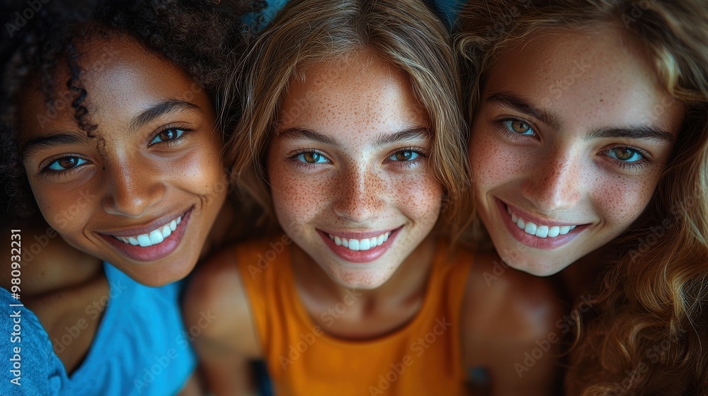 Three young women with cheerful expressions pose together, showcasing diverse hair textures and vibrant smiles in a bright, friendly setting Three young women with cheerful expressions pose together, showcasing diverse hair textures and vibrant smiles in a bright, friendly setting