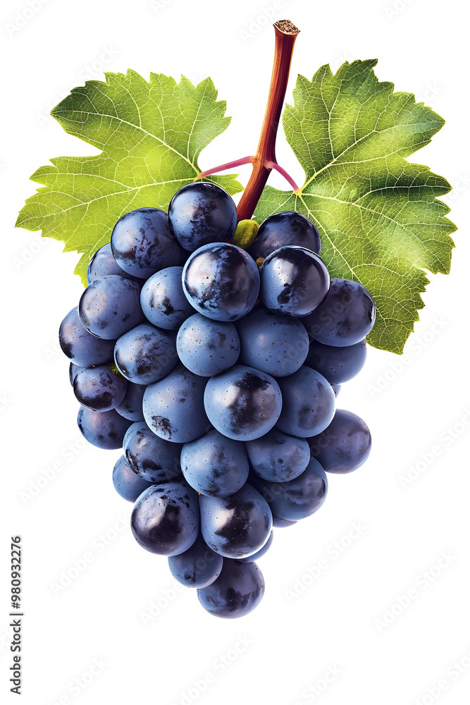Fototapeta premium Dark blue grape with leaves isolated on white background. With clipping path. Full depth of field