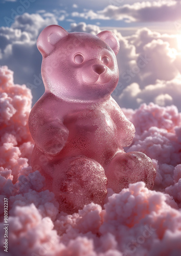 Pink gummy bear floating among soft, fluffy clouds in a surreal pastel dreamscape. Whimsical and playful concept art with a magical vibe.