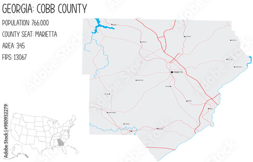 Large and detailed map of Cobb County in Georgia, USA.