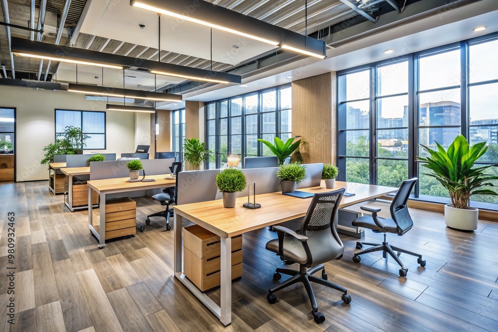 Modern ergonomic chairs and sleek desks fill a spacious, light-filled office space, conveying professionalism and Modern ergonomic chairs and sleek desks fill a spacious, light-filled office space, conveying professionalism and