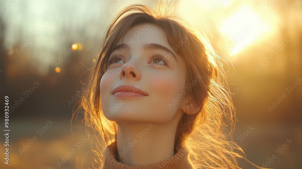 A young woman enjoys a serene moment outdoors, gazing upward towards the golden sunset on a peaceful evening A young woman enjoys a serene moment outdoors, gazing upward towards the golden sunset on a peaceful evening