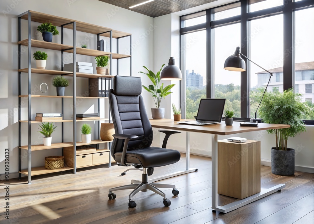 Fototapeta premium Modern ergonomic office chair with adjustable headrest and armrests, surrounded by sleek desk and shelving units in a