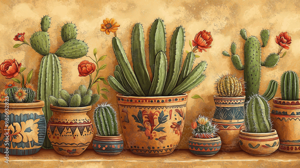 Traditional Pottery and Cacti: A rustic pattern with hand-painted Mexican pottery (jars, bowls, and plates) alongside cacti, repeating in an earthy, textured layout. The pottery fe Traditional Pottery and Cacti: A rustic pattern with hand-painted Mexican pottery (jars, bowls, and plates) alongside cacti, repeating in an earthy, textured layout. The pottery fe