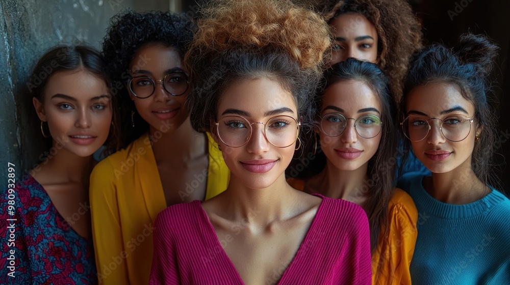 Fototapeta premium A group of young women smiling together indoors, showcasing diverse styles and personalities in a cozy setting, captured in the afternoon