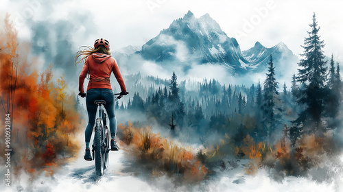 Watercolour Illustration of Woman mountain biking through misty autumn forest 