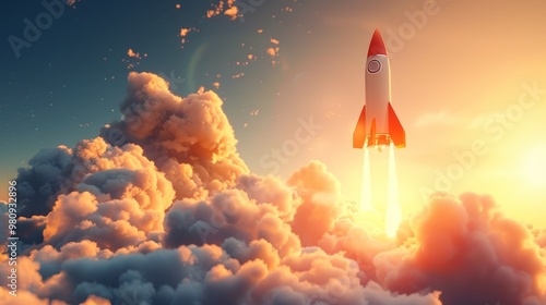 Red Rocket Soaring Through Sunset Clouds, 3D Render, Space Exploration, Journey, Ambition, ,