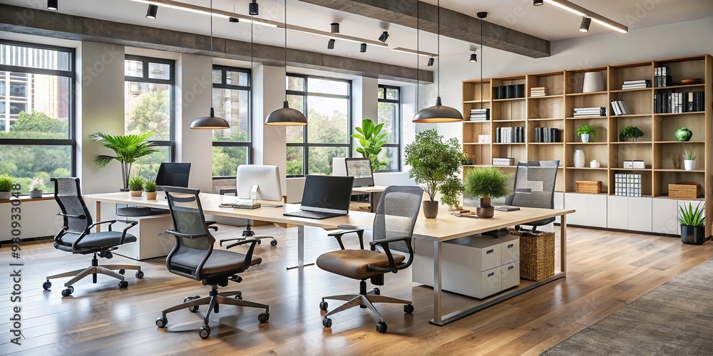 Modern ergonomic office chairs, sleek desks, and shelving units on display in a well-lit showroom, showcasing a variety Modern ergonomic office chairs, sleek desks, and shelving units on display in a well-lit showroom, showcasing a variety
