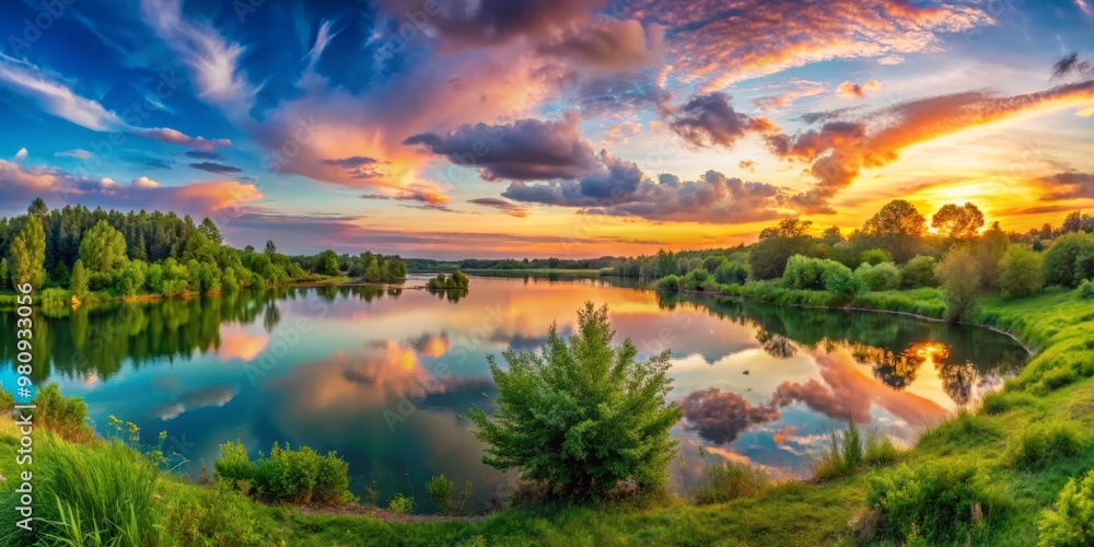A stunning view of a calm lake is set against a kaleidoscope of colors in the evening sky, A stunning view of a calm lake is set against a kaleidoscope of colors in the evening sky,