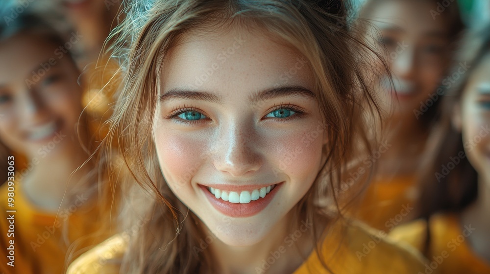 Fototapeta premium A joyful young girl smiles brightly, surrounded by friends in matching yellow shirts during a sunny day in the park