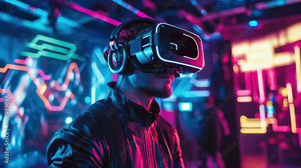 Man wearing VR headset and headphones in a futuristic setting with neon lights. Man wearing VR headset and headphones in a futuristic setting with neon lights.