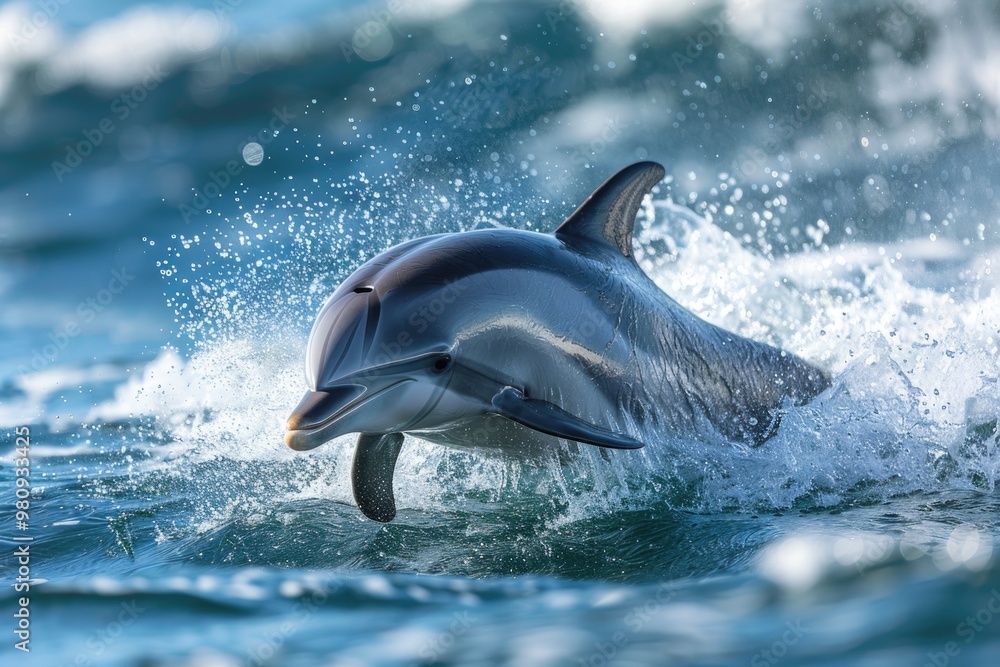 Obraz premium Playful Dolphins Leaping Through Ocean Waves at Sunset