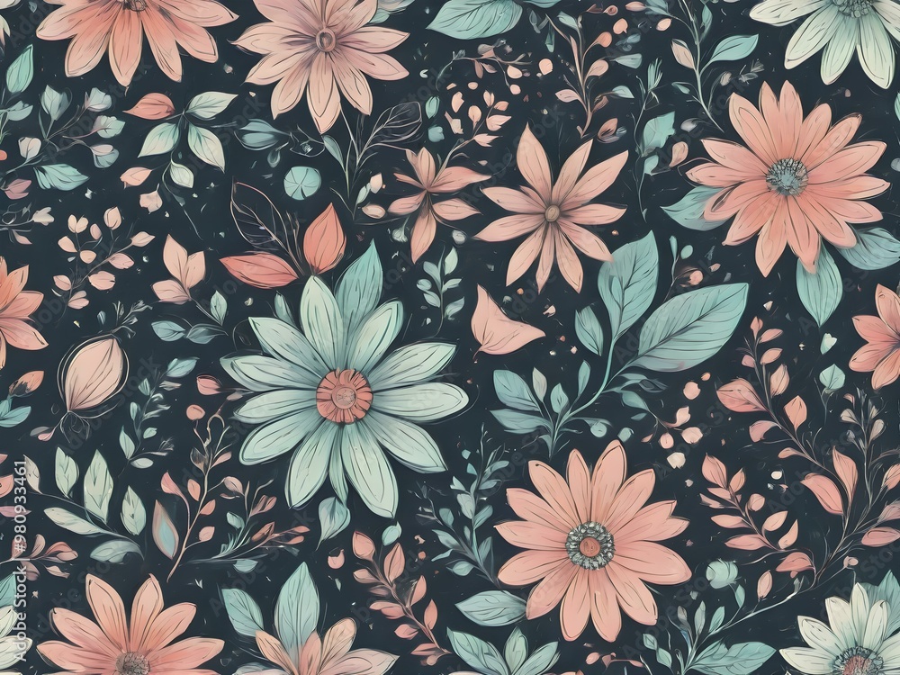 A vector design of a floral pattern with hand-drawn style elements and pastel colors A vector design of a floral pattern with hand-drawn style elements and pastel colors