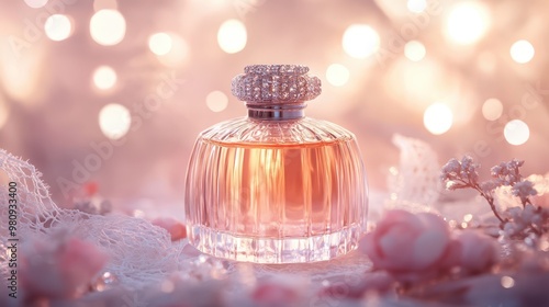 Luxury perfume bottle surrounded by delicate lace and soft, warm lighting