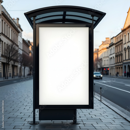 Mockup plantilla cartel publicitario en blanco en una marquesina de una parada de autobús en una calle