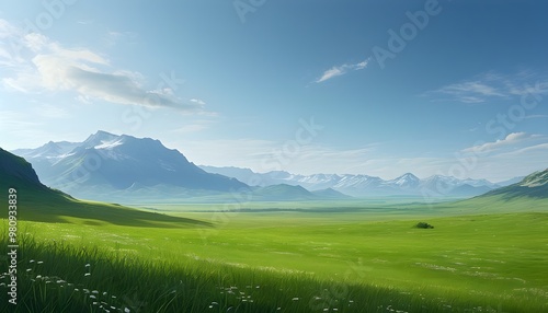 Serene green prairie with lush grass and majestic distant mountains in the background