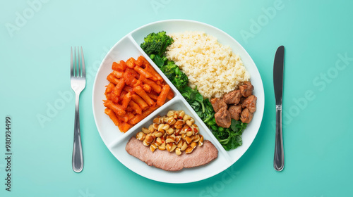 Meal portion control, divided plate with balanced food, flat design illustration
