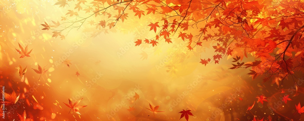 Sunlit autumn leaves glowing in warm, golden tones, creating a serene and peaceful scene. Free copy space for text. Sunlit autumn leaves glowing in warm, golden tones, creating a serene and peaceful scene. Free copy space for text.