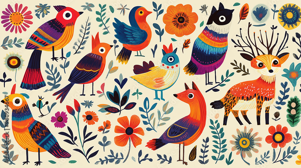 Mexican Folk Art Animals: A whimsical pattern with animals commonly found in Mexican folk art, such as brightly painted birds, foxes, and deer, arranged in a repeating sequence. Th Mexican Folk Art Animals: A whimsical pattern with animals commonly found in Mexican folk art, such as brightly painted birds, foxes, and deer, arranged in a repeating sequence. Th