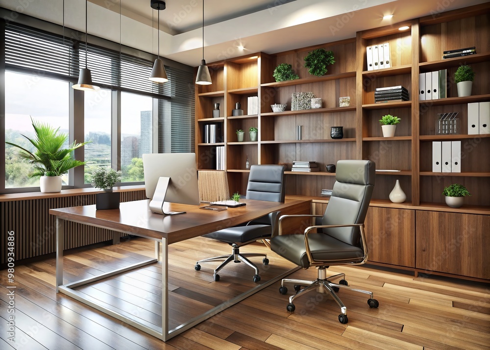 Modern executive workspace with sleek glass desk, ergonomic chair, and wooden bookshelves, surrounded by professional Modern executive workspace with sleek glass desk, ergonomic chair, and wooden bookshelves, surrounded by professional