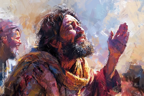 Illustration of Bartimaeus, a blind beggar, calling out to Jesus for healing by the roadside. Jesus stops, heals his blindness, and Bartimaeus follows Him with gratitude.