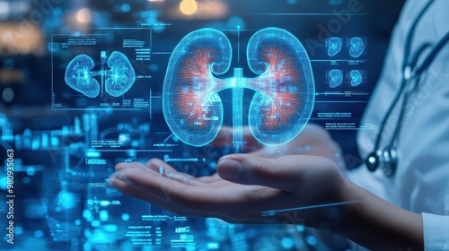 Medical graphs and data in blue, with hands presenting digital human kidneys illustration