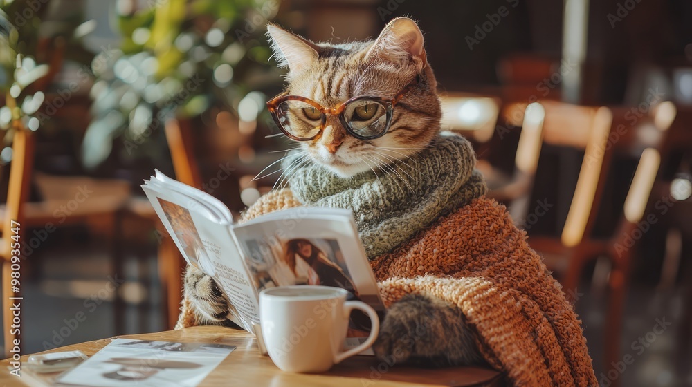 custom made wallpaper toronto digitalChic Kitty Enjoying Coffee and Fashion at Cafe Table