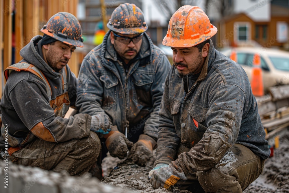 Construction Workers Collaborating on Muddy Building Site in Heavy Gear and Safety Helmets Construction Workers Collaborating on Muddy Building Site in Heavy Gear and Safety Helmets