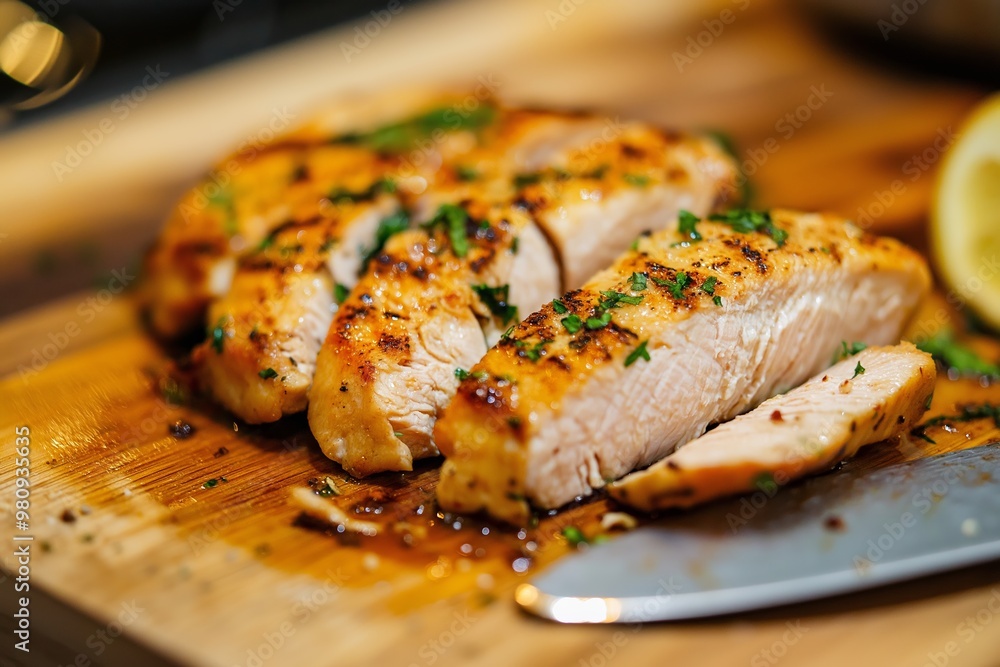 Juicy grilled chicken breast sliced and served on a wooden board, garnished with fresh herbs and a slice of lemon. Juicy grilled chicken breast sliced and served on a wooden board, garnished with fresh herbs and a slice of lemon.