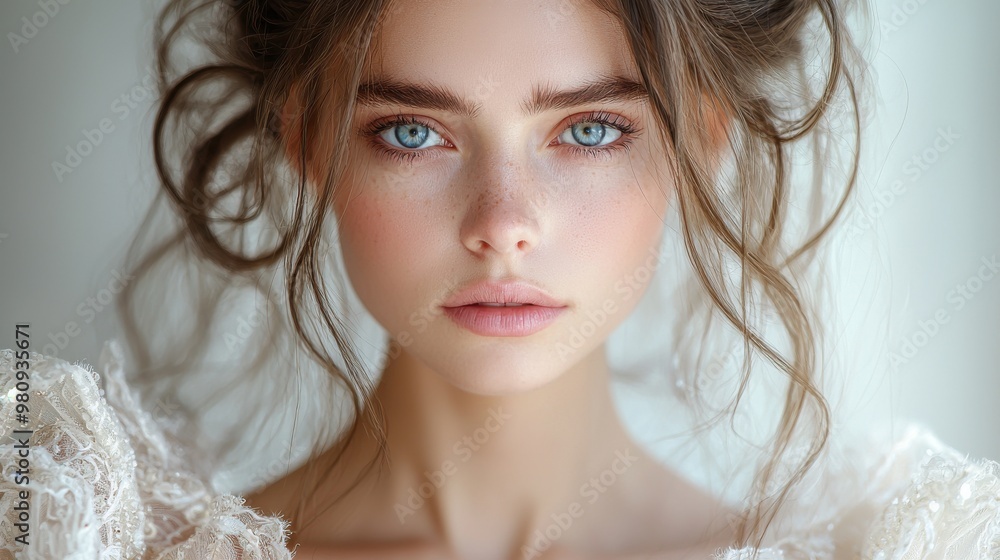 A young woman with striking blue eyes and soft curls poses softly in natural light, wearing a delicate, textured garment indoors A young woman with striking blue eyes and soft curls poses softly in natural light, wearing a delicate, textured garment indoors