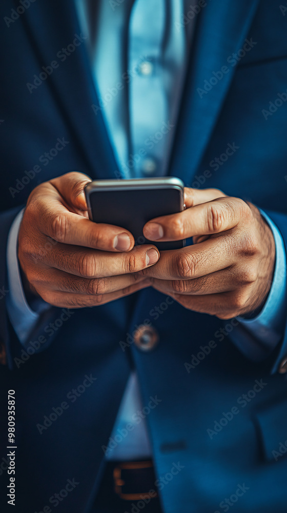 Man in a suit is using a smartphone to browse the internet Man in a suit is using a smartphone to browse the internet