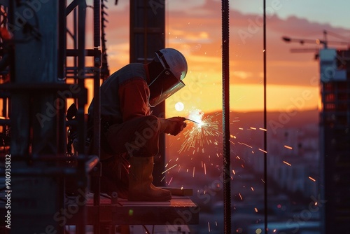 Worker Welding at Sunset on Skyscraper Under Construction