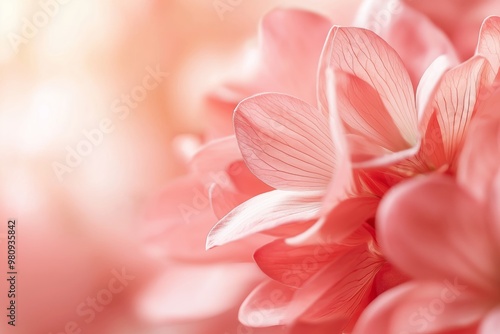 A close-up view of soft pink flower petals, beautifully detailed with intricate texture, bathed in gentle, warm lighting.