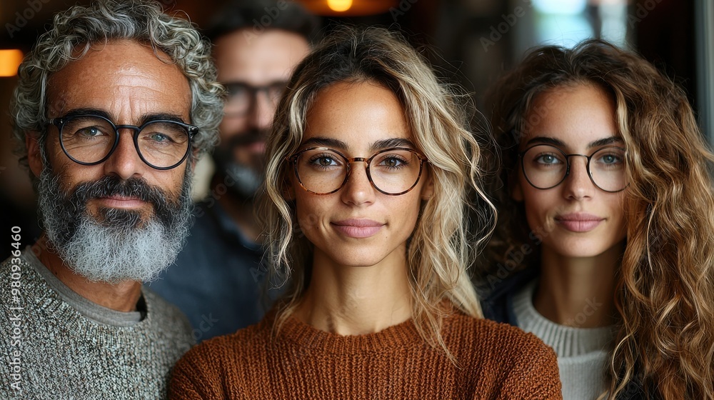 Three friends posed together indoors, showcasing their unique styles and eyeglasses during a cozy gathering at a café in the late afternoon Three friends posed together indoors, showcasing their unique styles and eyeglasses during a cozy gathering at a café in the late afternoon