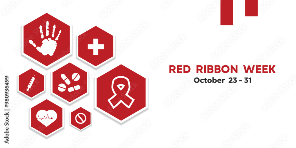 Red Ribbon Week. Ribbon, hand. Drugs, syringe, heart and more. Great for cards, banners, posters, social media and more. White background. Red Ribbon Week. Ribbon, hand. Drugs, syringe, heart and more. Great for cards, banners, posters, social media and more. White background.