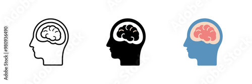 set of Human Brain in Head icon isolated on white background