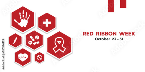 Red Ribbon Week. Ribbon, hand. Drugs, syringe, heart and more. Great for cards, banners, posters, social media and more. White background.