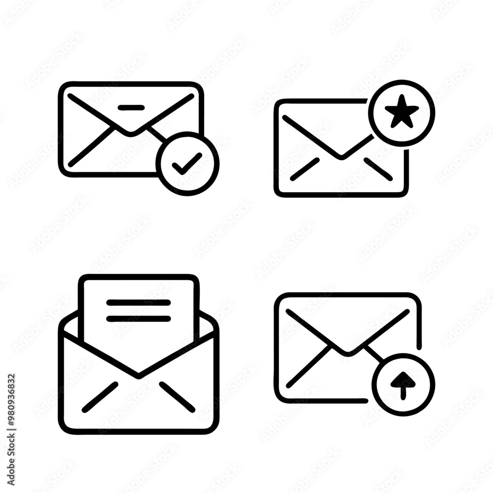 WebSet of mail envelope icons. Closed envelope, open with a letter, with a check mark and email. WebSet of mail envelope icons. Closed envelope, open with a letter, with a check mark and email.