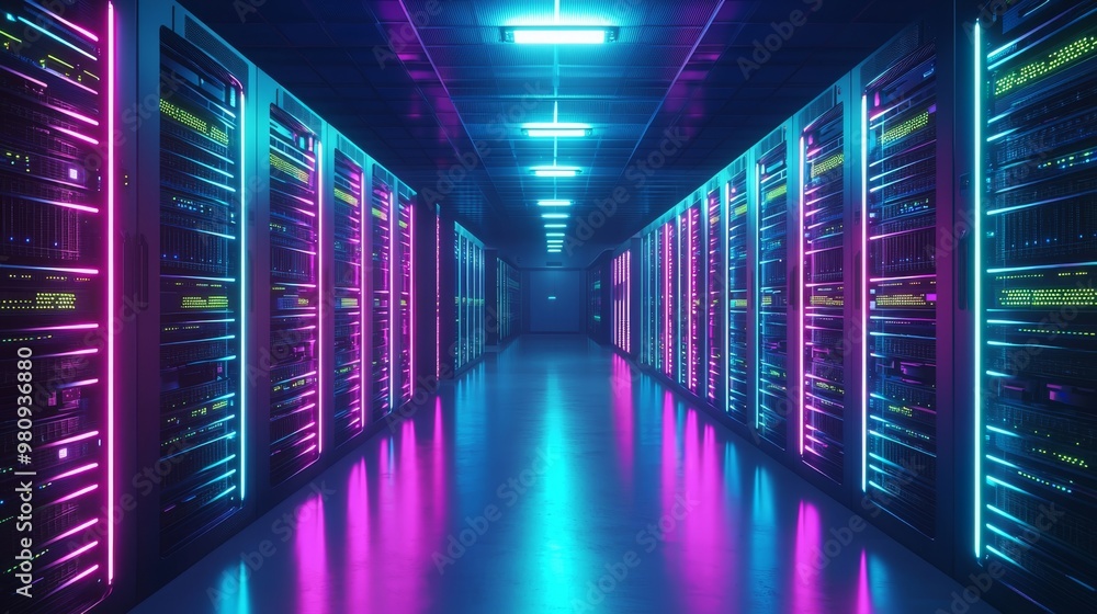 In the center of the data center are vibrant blue and pink neon lights that illuminate the vast network of servers that power the digital world. In the center of the data center are vibrant blue and pink neon lights that illuminate the vast network of servers that power the digital world.
