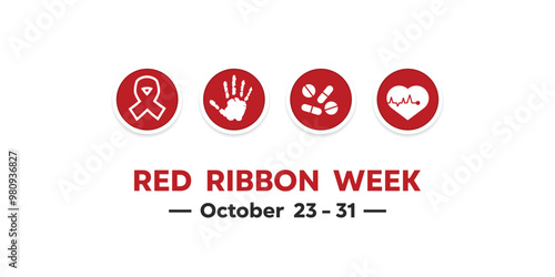 Red Ribbon Week. Ribbon, hand. Drugs and heart. Great for cards, banners, posters, social media and more. White background.