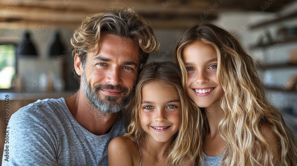 A joyful family portrait of a father with his two daughters in a cozy, sunlit kitchen setting A joyful family portrait of a father with his two daughters in a cozy, sunlit kitchen setting