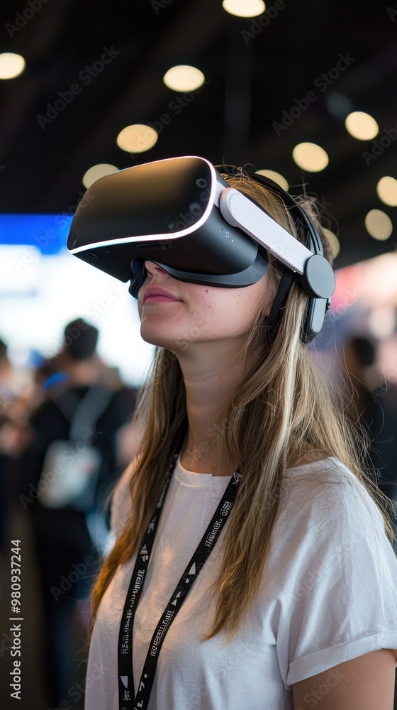 Woman Experiencing Virtual Reality at High Energy Tech Convention Woman Experiencing Virtual Reality at High Energy Tech Convention