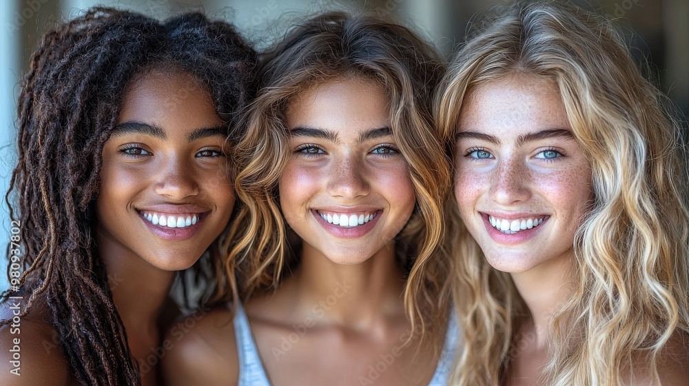 Three young women smiling joyfully together indoors in natural light, showcasing diverse hairstyles and radiant expressions Three young women smiling joyfully together indoors in natural light, showcasing diverse hairstyles and radiant expressions