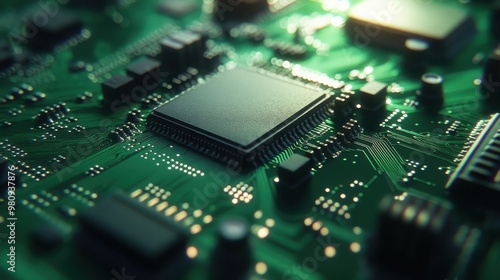 Close-up of Circuit Board with Microchip Details