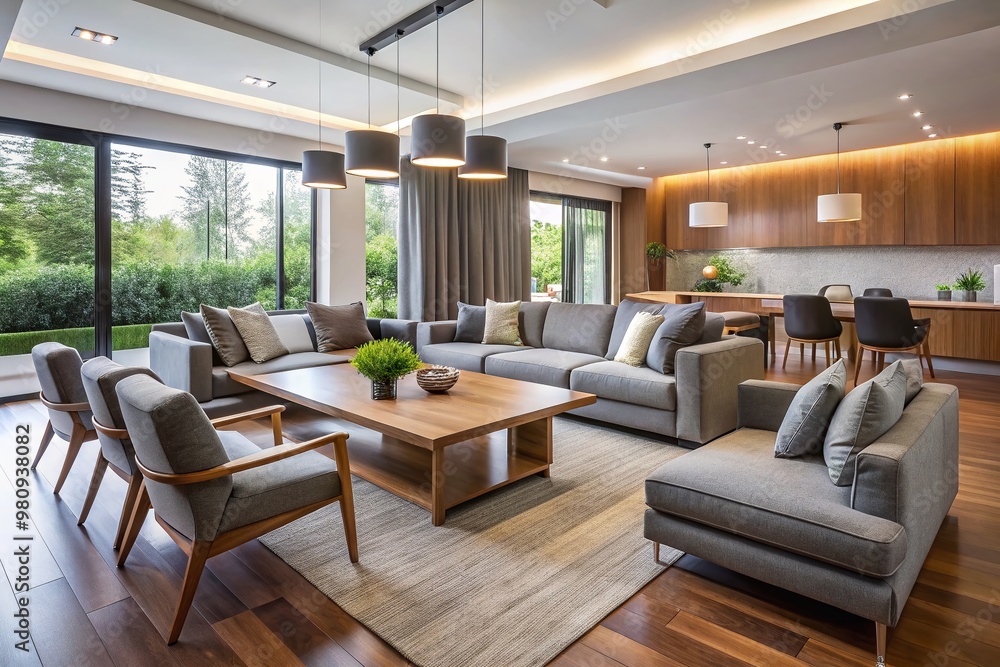 Modern living room and dining area showcasing harmonious furniture pairing, with sleek gray sofas, rectangular wooden