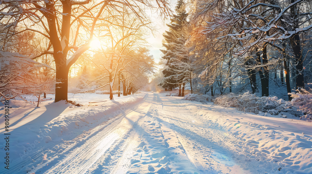 Beautiful Winter Road in Natural Sunny Park Beautiful Winter Road in Natural Sunny Park